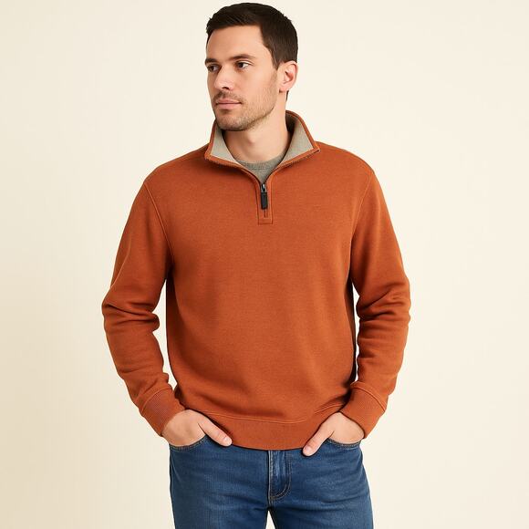 Jos. A. Bank Rust Brown 1/4 Zip Cotton Pullover Sweater Men Large Casual Classic - Picture 1 of 6